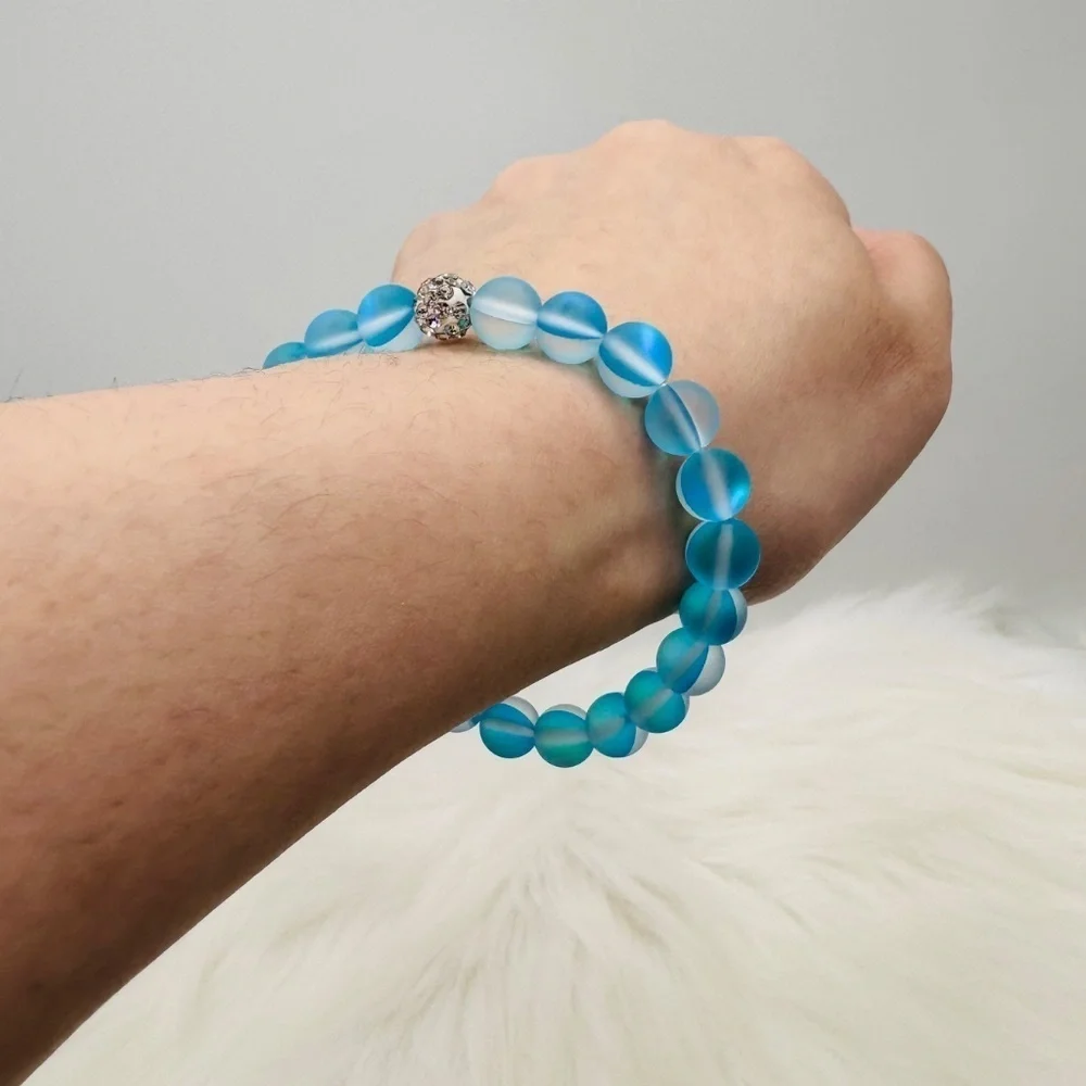 Chic Blue Matte Moonstone Beaded Bracelet w/ Rhinestone
